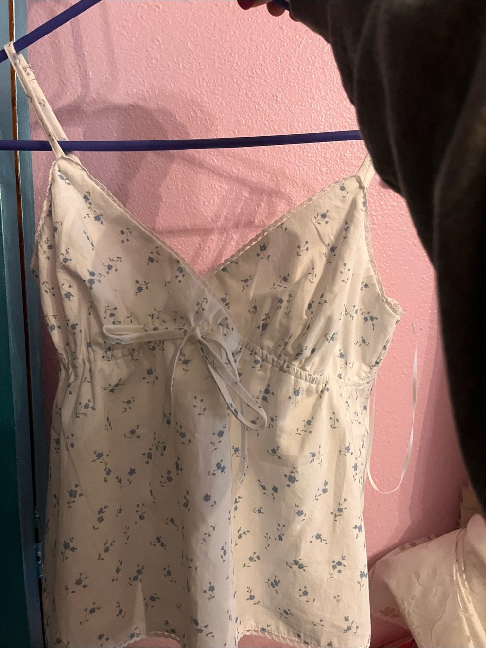 Le Lis White Floral Tank Top with Blue Print